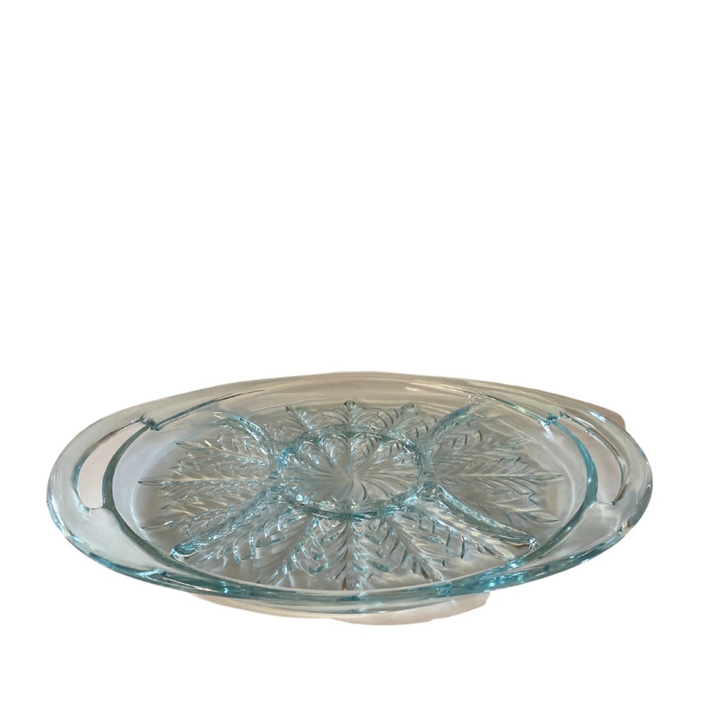 Jeanette Glass Co Feather Blue Glass Platter 5 Section Relish Tray With Handles